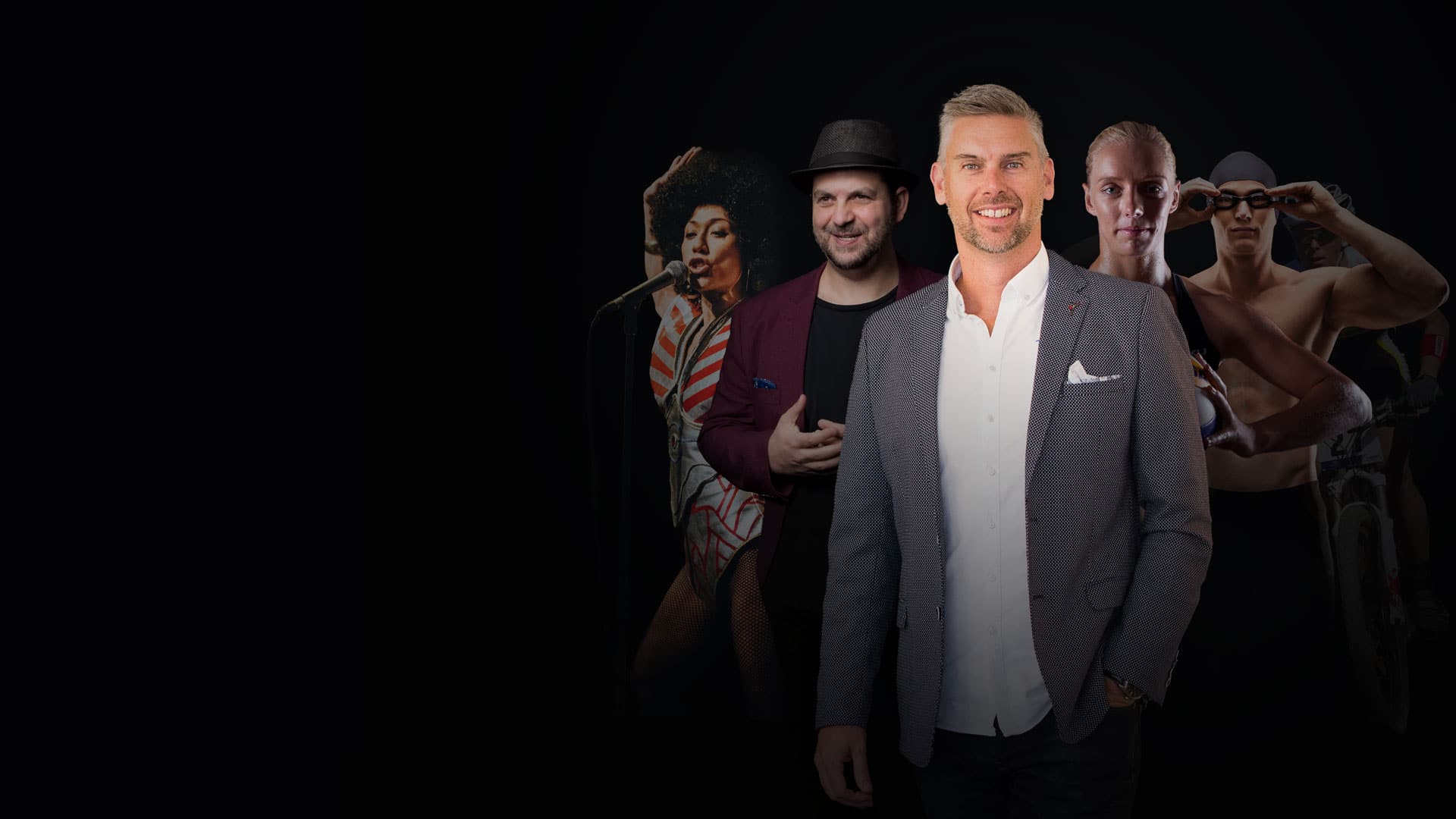 Mark Dobson flanked on each side by high performance clients he has advised standing against a black background